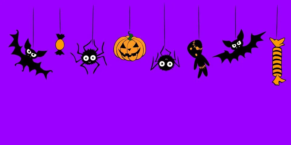 Vector Halloween background with hanging flat traditional elements - pumpkin, イラスト素材