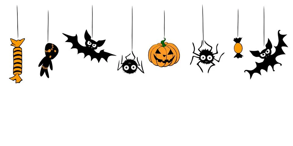 Vector Halloween background with hanging flat traditional elements - pumpkin, イラスト素材