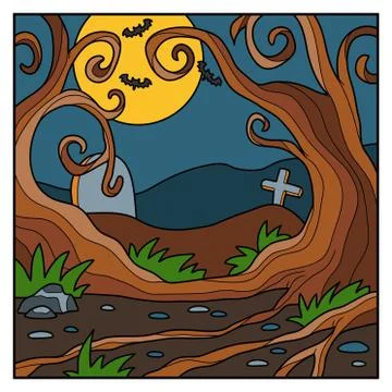 Vector Halloween background, landscape with night forest Stock Illustration
