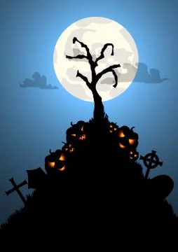 Vector : Halloween background with tree grave and pumpkins Stock Illustration