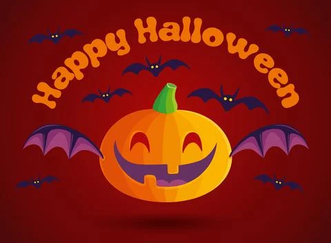 Vector Halloween card of pumpkin with bat wings in kawaii style for Hallowe.. Stock Illustration
