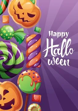Vector Halloween card with sweets or party invitation. Party invitation, tric Stock Illustration