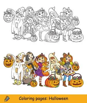 Vector halloween coloring and colored example children in costumes Stock Illustration