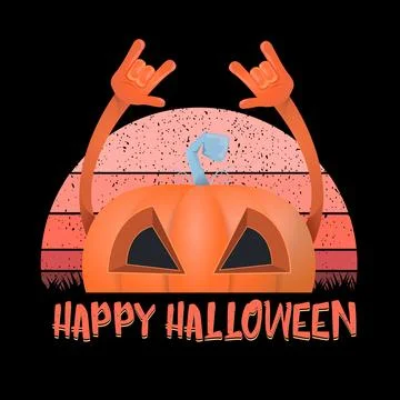 Vector Halloween funky rock n roll style cartoon carved pumpkin character Illustrazione stock