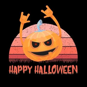 Vector Halloween funky rock n roll style cartoon carved pumpkin character Stock Illustration