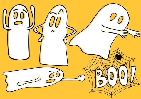 Vector halloween ghost hand drawn set on orange background. Doodle illustrati Stock Illustration