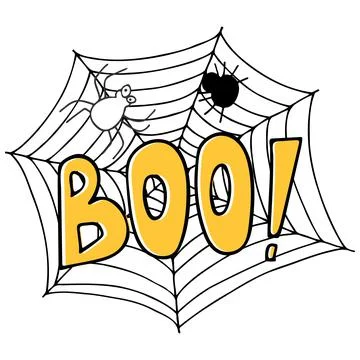 Vector halloween illustration with spiders, web and text boo on white backgro Stock Illustration