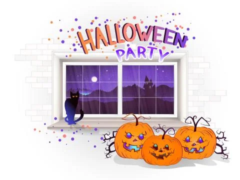 Vector Halloween illustration with window, pumpkins Illustrazione stock