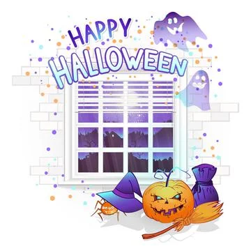 Vector Halloween illustration with window, pumpkins. Stock Illustration
