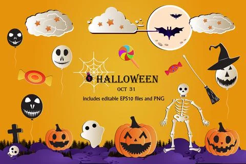 Vector Halloween illustration on a yellow background. Ghost, skull, bats Stock Illustration