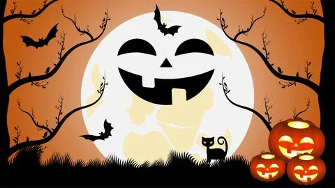 Vector. Halloween. Moon, full moon night, black cat, bats, pumpkins Stock Illustration