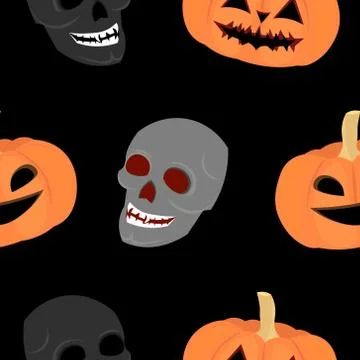 Vector Halloween pattern. Skull, pumpkin on a black background. Design of par Stock Illustration
