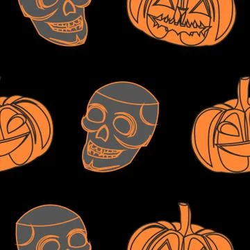 Vector Halloween pattern. Skull, pumpkin on a black background. Design of par Stock Illustration