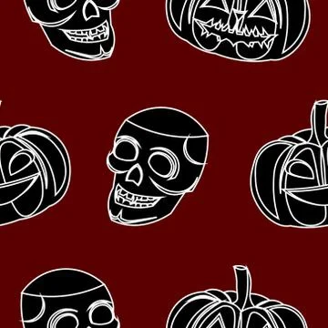 Vector Halloween pattern. Skulls, pumpkins on a red background. Design of par Stock Illustration