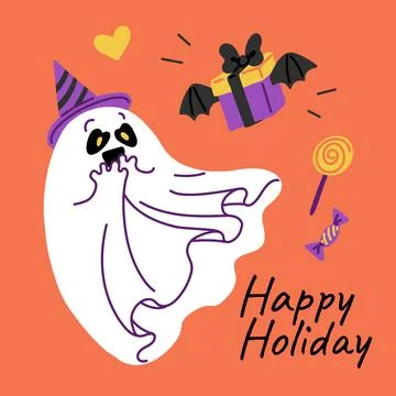 The vector Halloween poster with cute ghost in a festive hat with a flying gift Stock Illustration