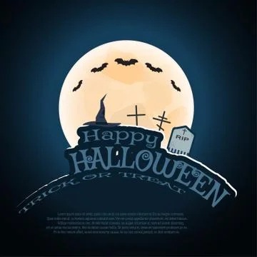 Vector Halloween poster with full moon, flock of bats, wizard's hat, headston Stock Illustration