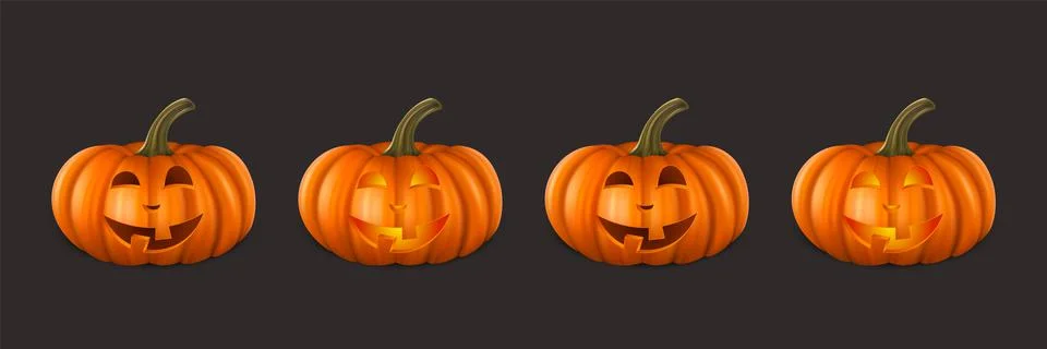 Vector Halloween Pumpkin Set. Cute Jack-o-lanterns, Carved Pumpkin Face for Stock Illustration