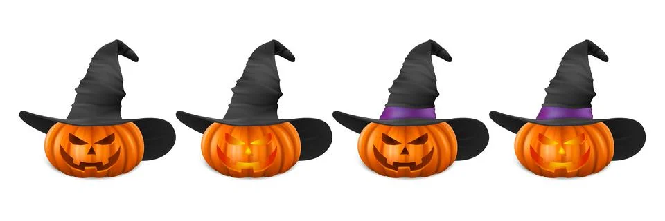 Vector Halloween Pumpkin with Witch Hat Set. Cute Jack-o-lanterns, Carved Illustrazione stock