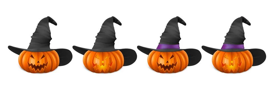 Vector Halloween Pumpkin with Witch Hat Set. Cute Jack-o-lanterns, Carved Stock Illustration