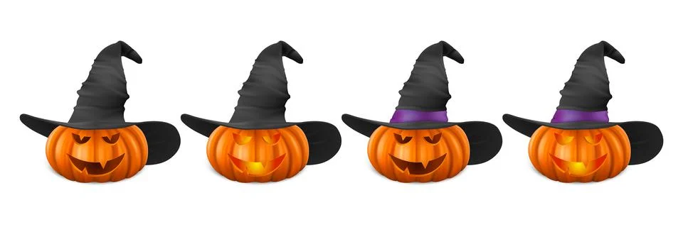 Vector Halloween Pumpkin with Witch Hat Set. Cute Jack-o-lanterns, Carved Stock Illustration