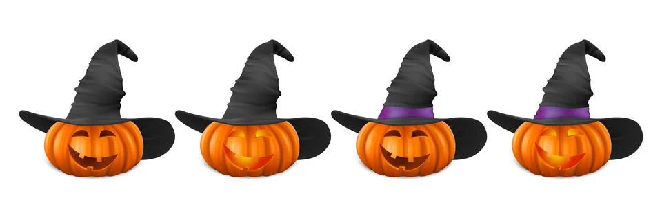 Vector Halloween Pumpkin with Witch Hat Set. Cute Jack-o-lanterns, Carved Illustrazione stock