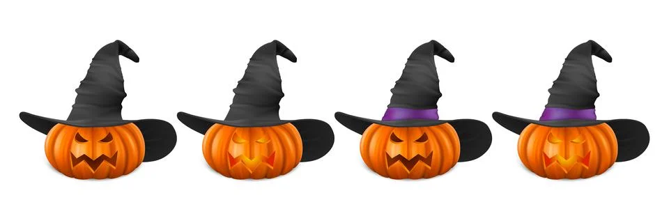 Vector Halloween Pumpkin with Witch Hat Set. Cute Jack-o-lanterns, Carved Illustrazione stock