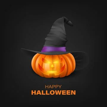 Vector Halloween Pumpkin with Witch Hat on Black Background. Cute Jack-o Stock Illustration