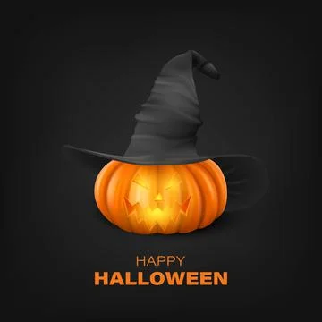 Vector Halloween Pumpkin with Witch Hat on Black Background. Cute Jack-o Stock Illustration