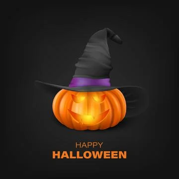 Vector Halloween Pumpkin with Witch Hat on Black Background. Cute Jack-o Stock Illustration