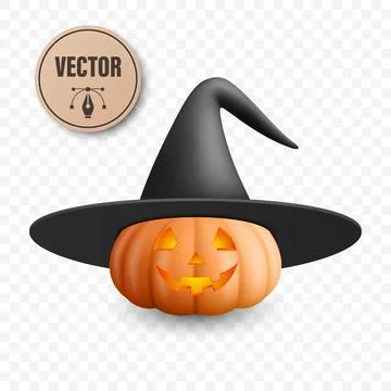Vector Halloween Pumpkin with Witch Hat. Glowing Jack-o-Lantern with Spooky Stock Illustration