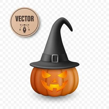 Vector Halloween Pumpkin with Witch Hat. Glowing Jack-o-Lantern with Spooky Stock Illustration