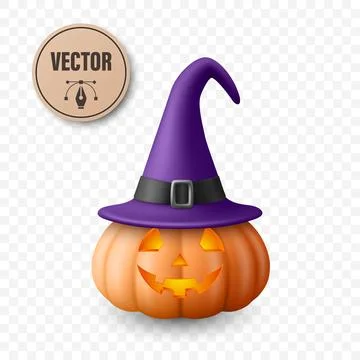 Vector Halloween Pumpkin with Witch Hat. Glowing Jack-o-Lantern with Spooky Stock Illustration