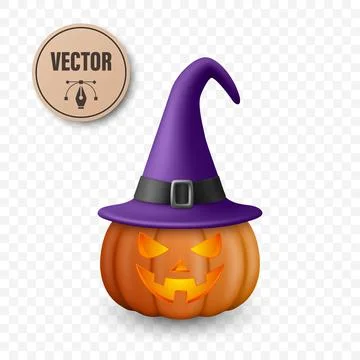 Vector Halloween Pumpkin with Witch Hat. Glowing Jack-o-Lantern with Spooky Illustrazione stock