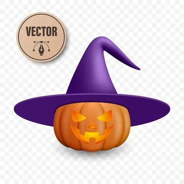Vector Halloween Pumpkin with Witch Hat. Glowing Jack-o-Lantern with Spooky Stock Illustration