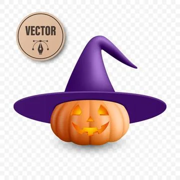 Vector Halloween Pumpkin with Witch Hat. Glowing Jack-o-Lantern with Spooky Stock Illustration