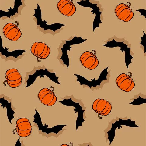 Vector. Halloween seamless pattern with bats and orange pumpkins with shadow. Stock Illustration