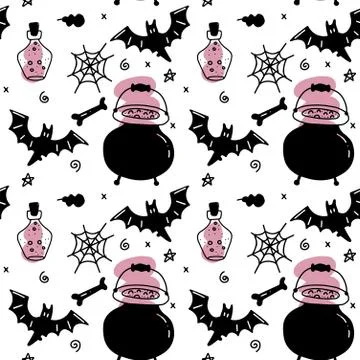 Vector Halloween seamless pattern. Black icons of potion in a flask, spider w 스톡 일러스트