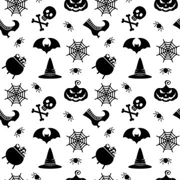 Vector Halloween seamless pattern. Black icons of skull, spider, pumpkins. Illustrazione stock