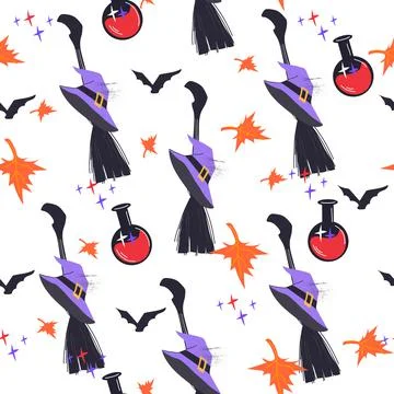 Vector Halloween seamless pattern. Black icons of skull, spider, web, pumpkin Stock Illustration