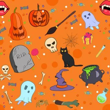 Vector Halloween seamless pattern in cartoon style Stock Illustration