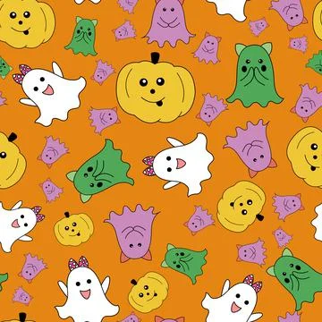Vector Halloween seamless pattern with colorful ghosts and pumpkins Stock Illustration