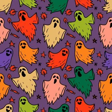 Vector Halloween seamless pattern with cute ghosts on dark Stock Illustration