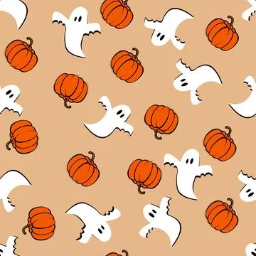 Vector. Halloween seamless pattern: ghost and orange pumpkins with shadow. Stock Illustration