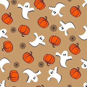 Vector. Halloween seamless pattern: ghost, spider web and orange pumpkins. Illustrazione stock