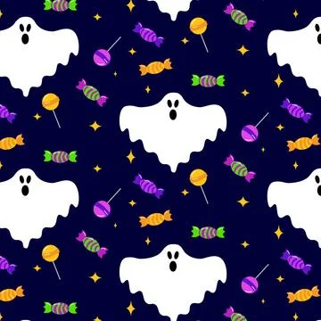 Vector Halloween seamless pattern with ghost, candy and lolipop. Cute holiday 스톡 일러스트
