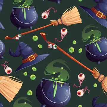 Vector Halloween Seamless pattern with hat, witches cauldron and broom on gre Stock Illustration