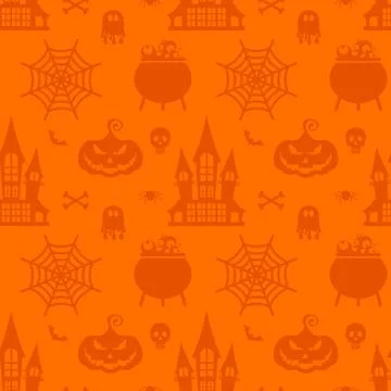 Vector Halloween seamless pattern. Orange icons of skull, spider, pumpkins. Illustrazione stock