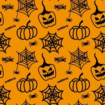 Vector halloween seamless pattern with pumpkin, sweets, spider web and spid.. Stock Illustration