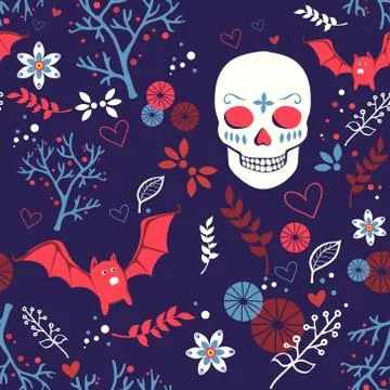 Vector Halloween seamless pattern with skull and bat Stock Illustration