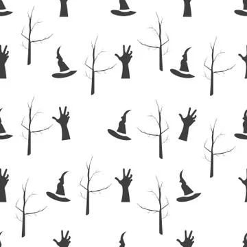Vector Halloween seamless pattern. Witch hat, scary zombie hand and dead tree Illustrazione stock